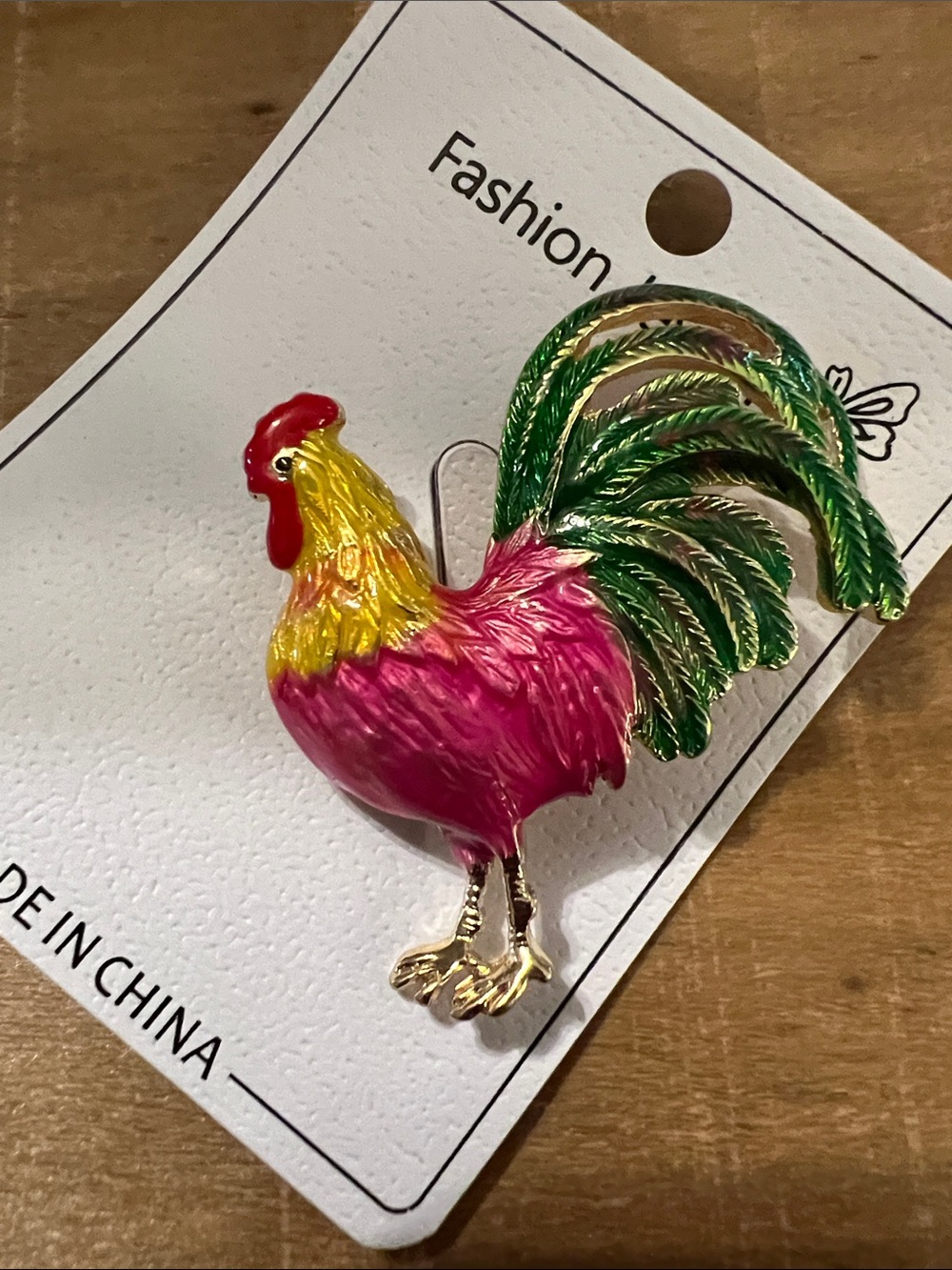 3/$18 Colorful Rooster Enamel Brooch - Pink & Green Lot 262